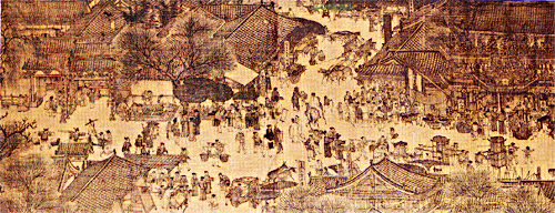 A busy market scene in the Song Dynasty. 